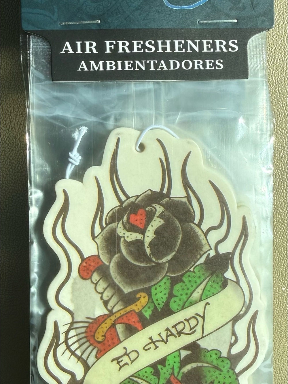 Ed Hardy Black Rose Tattoo Air Freshener with Green and Red Accents
